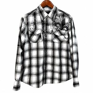 Parts Mens Black White Plaid Fleur-De-Lis Graphic Pearl Snap Western Shirt Small